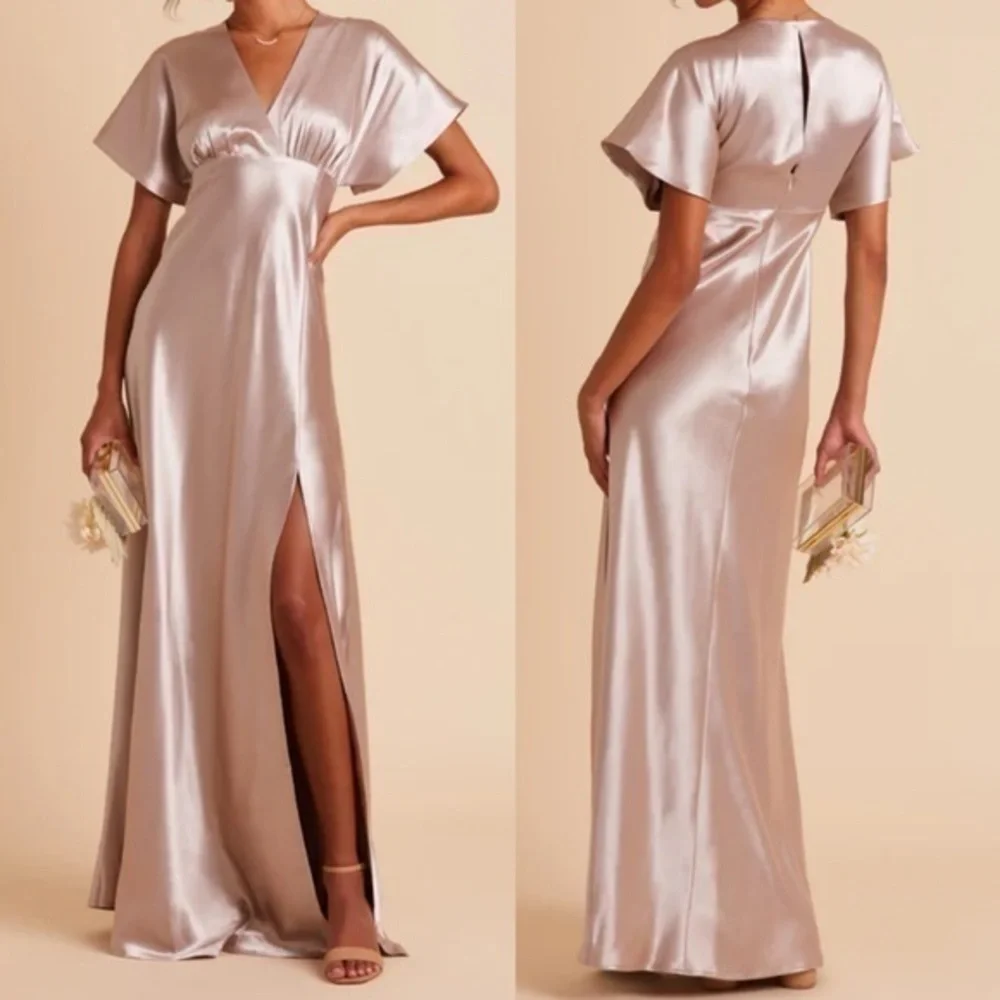 Birdy Grey Jesse Kimono Shiny Satin Flutter Sleeve Bridesmaid Dress Taupe Medium - Picture 1 of 11